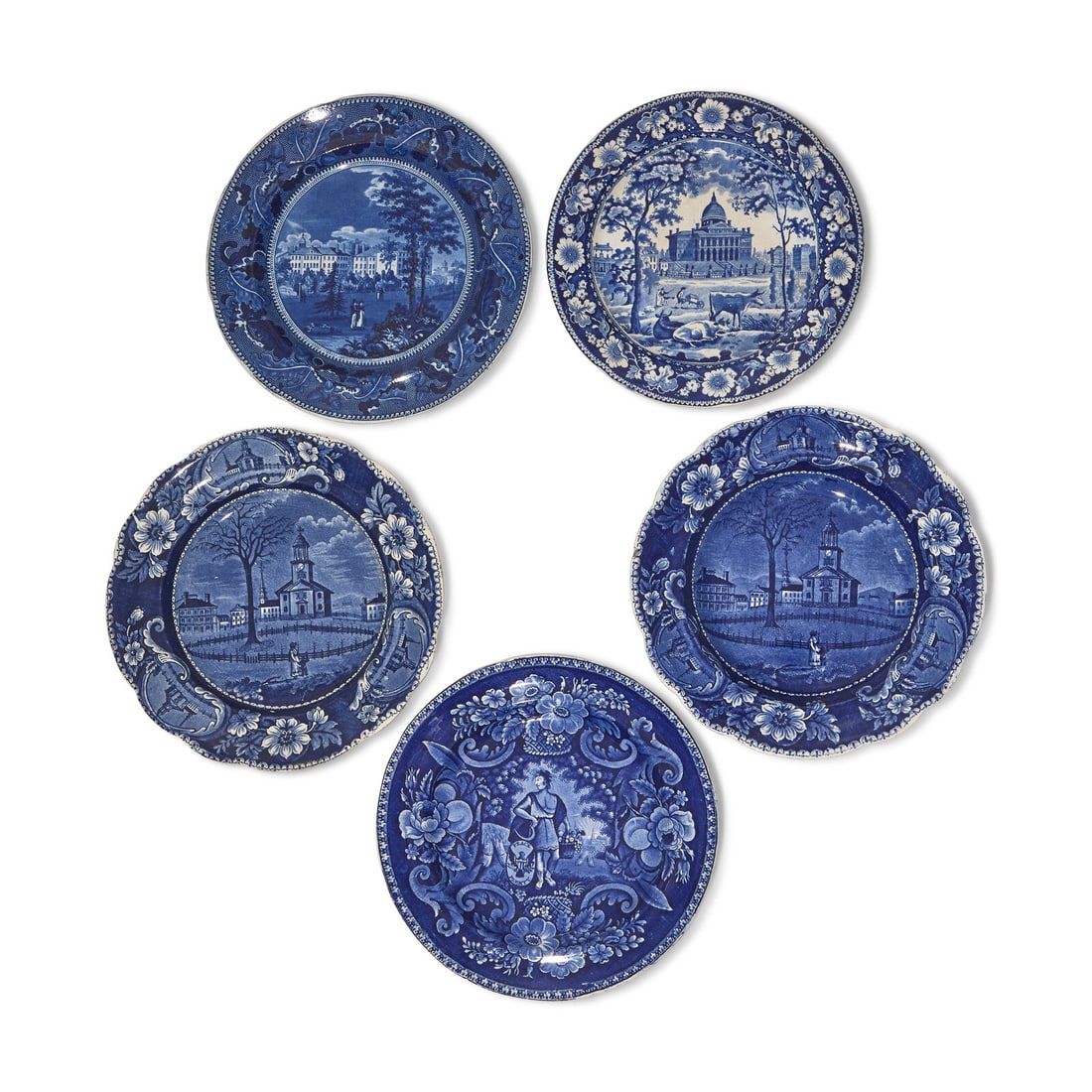 A Group of Five Staffordshire Historical Blue Plates: A Group of Five Staffordshire Historical Blue Plates Various Makers, Circa 1825-1830 comprising a "Boston State House" plate, by John Rogers & Son, Longport, England, with impressed mark to unders