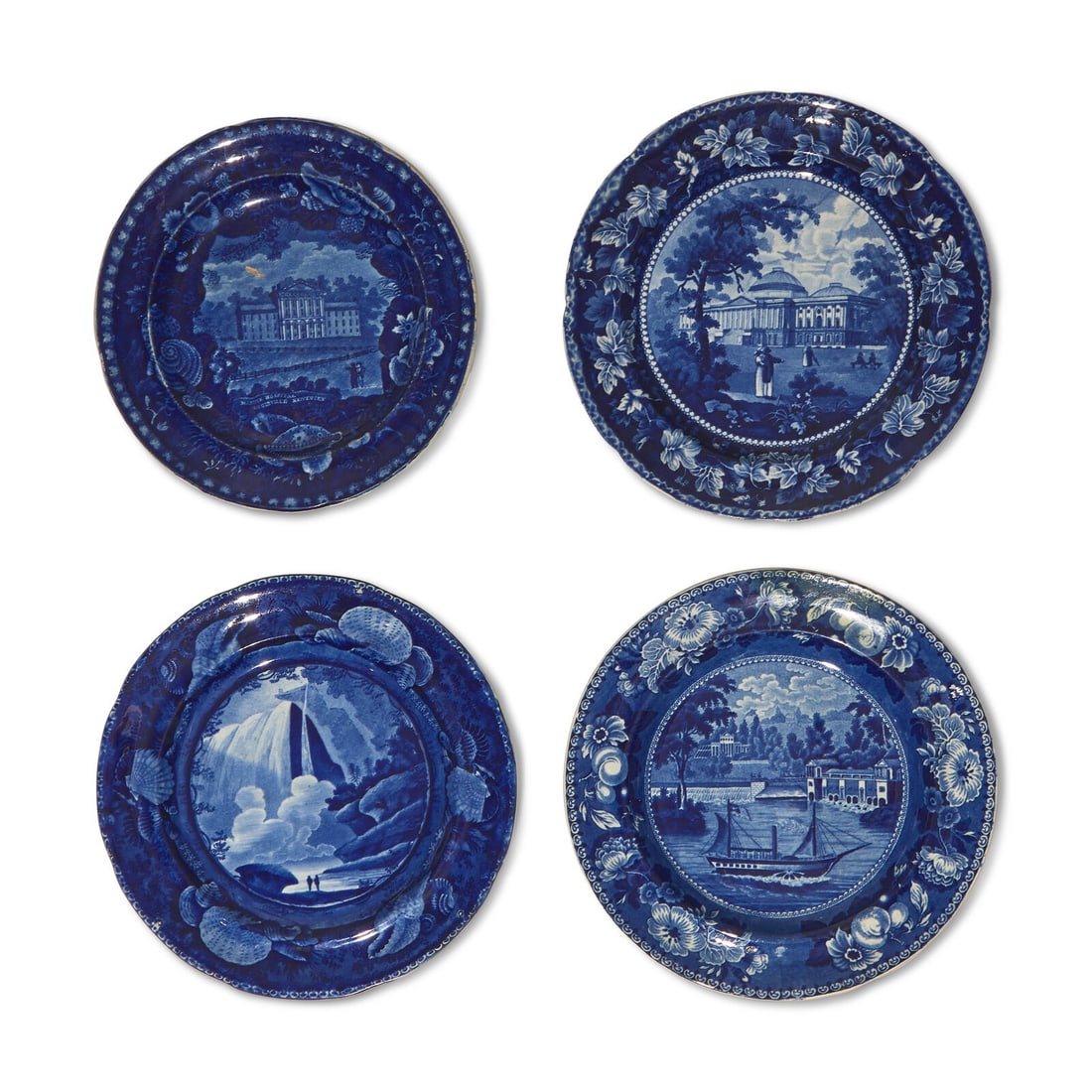 A Group of Four Staffordshire Historical Blue Plates: A Group of Four Staffordshire Historical Blue Plates Various Makers, Circa 1825-1840 comprising a "The Dam and Water Works, Philadelphia" plate, titled to underside; a "The Capitol Washington" plate,