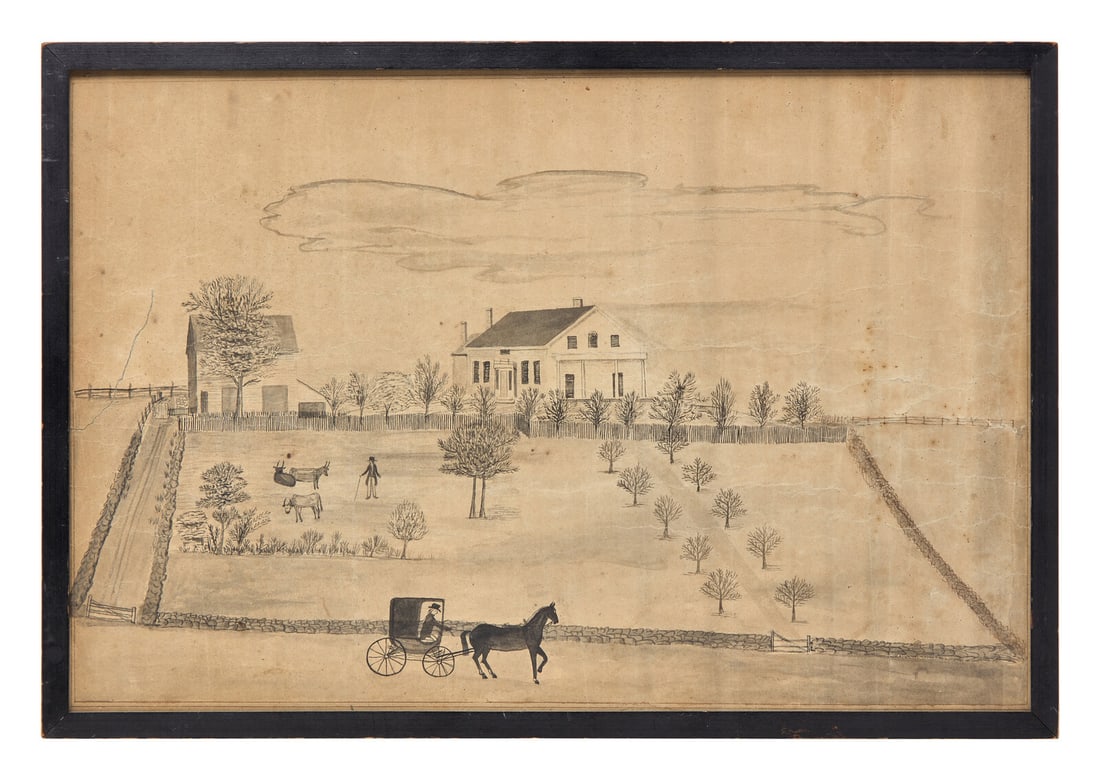 American School 19th Century, A Drawing of Foster Farm: American School 19th Century, A Drawing of Foster Farm ink on paper, framed, backing inscribed, "Foster Farm." 11 3/8 x 17 1/8 inches (sight), 12 3/8 x 18 1/8 inches (frame). This lot is located in Ph
