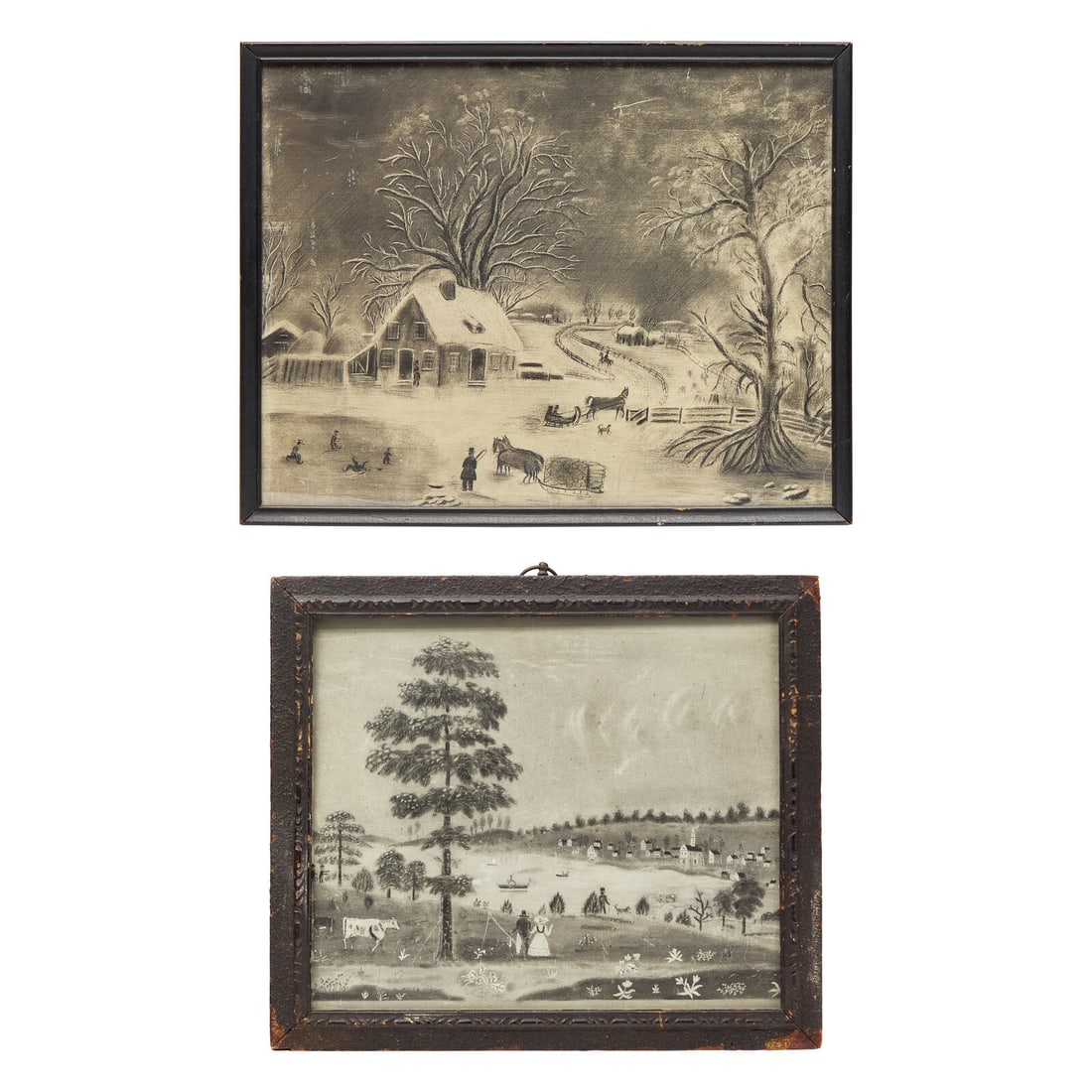 American School 19th Century, Two Sandpaper or Charcoal Landscape Drawings: Winter Scene and River (1 of 3)