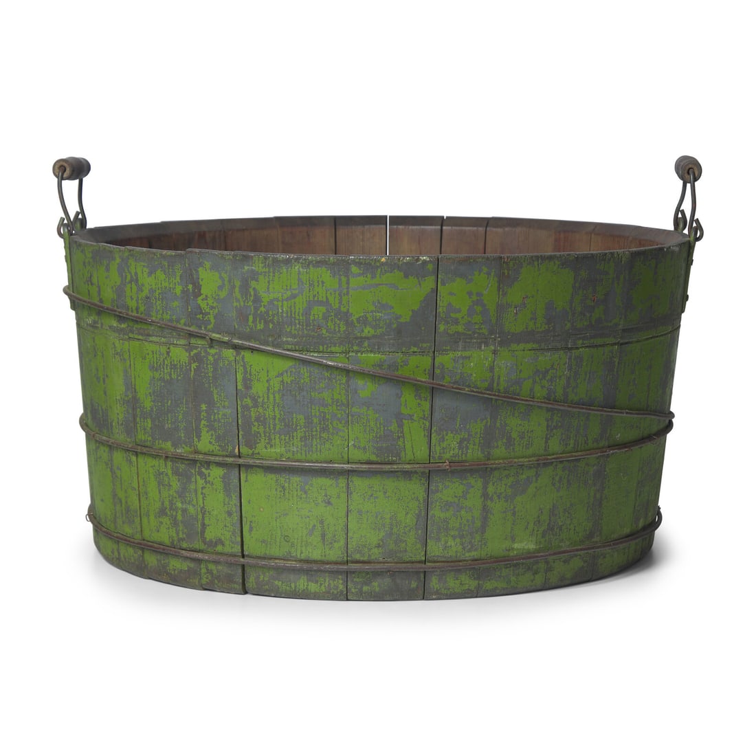 A Green-Painted Wood Stave Bucket: A Green-Painted Wood Stave Bucket 19th Century Height 11 1/2 x diameter 22 3/4 inches. This lot is located in Philadelphia. Provenance: Collection of Ron Hoffman and Tony Gampetro.