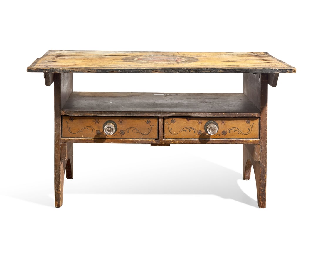 A Painted Hutch Table: A Painted Hutch Table Pennsylvania, Second Half 19th Century with flip top, revealing seat, above two drawers with cast glass pulls, overall bearing painted decoration, including fylfot to top
