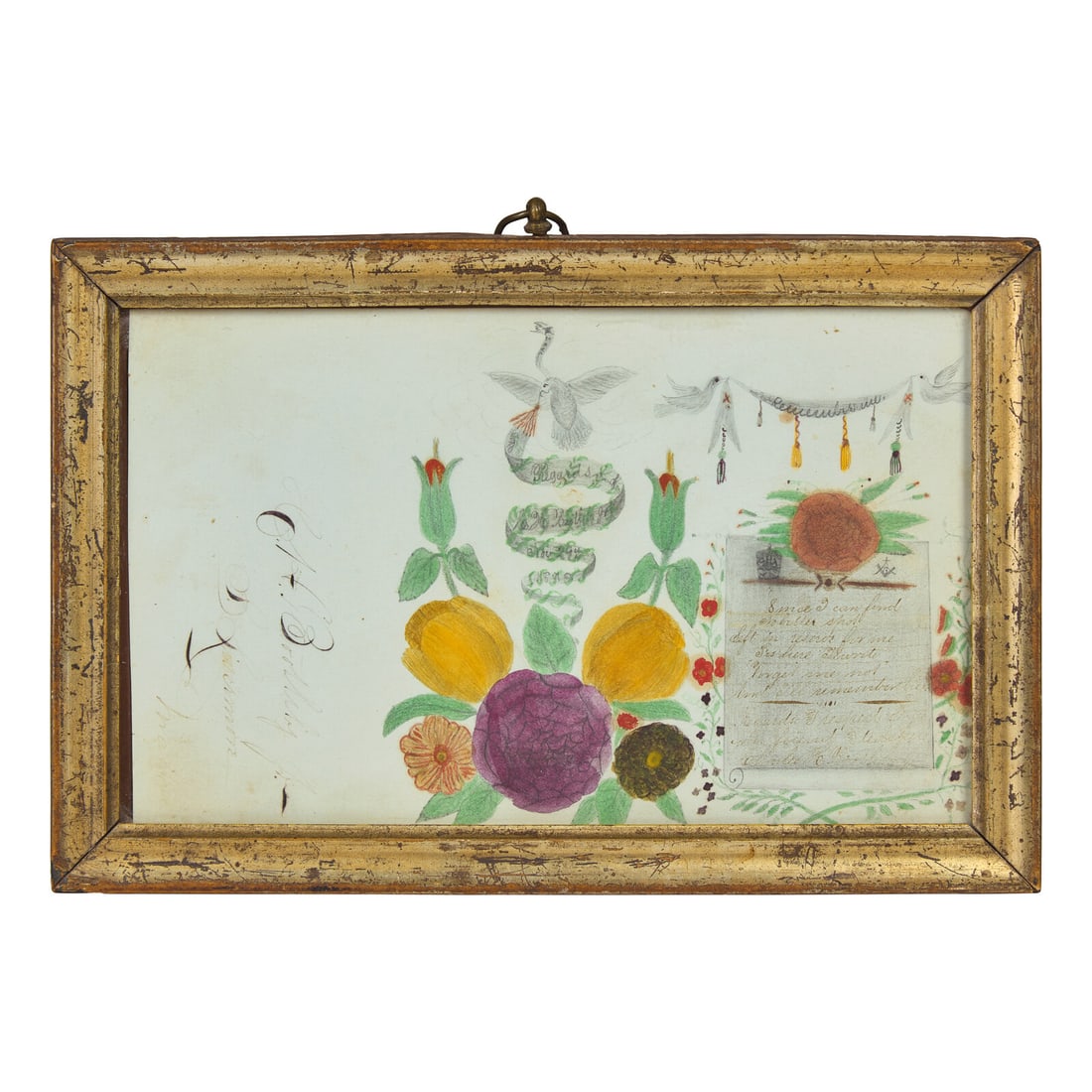 A Memorial Pencil Watercolor Drawing: A Memorial Pencil Watercolor Drawing Dated, "1878" depicting flowers, eagle, and banner suspended by two doves, inscribed, "Remembrance", "Regards of C.H. B... Jr./ Nov. 29th/ 1878", and with scroll