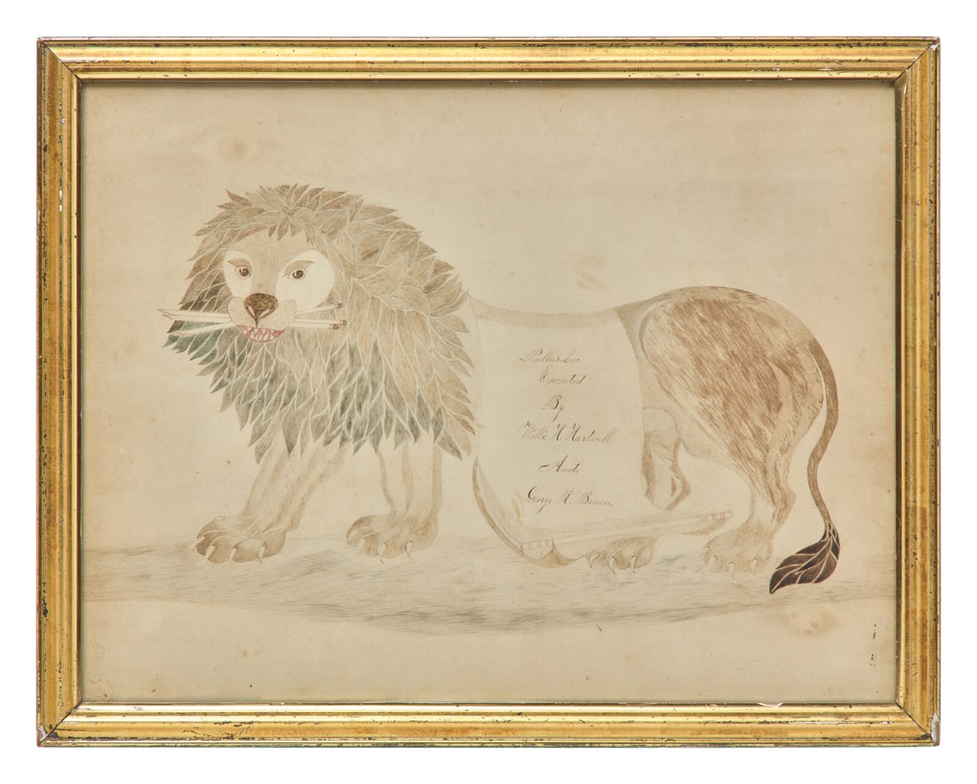 American School 19th Century, A Calligraphy Drawing of a Lion: American School 19th Century, A Calligraphy Drawing of a Lion inscribed, "Pullus Leo/ Excecuted/ By/ Willie H. Hartwell/ And/ George R. Brown," ink on Bristol board, stamped "De La Rue & Co. Bristol