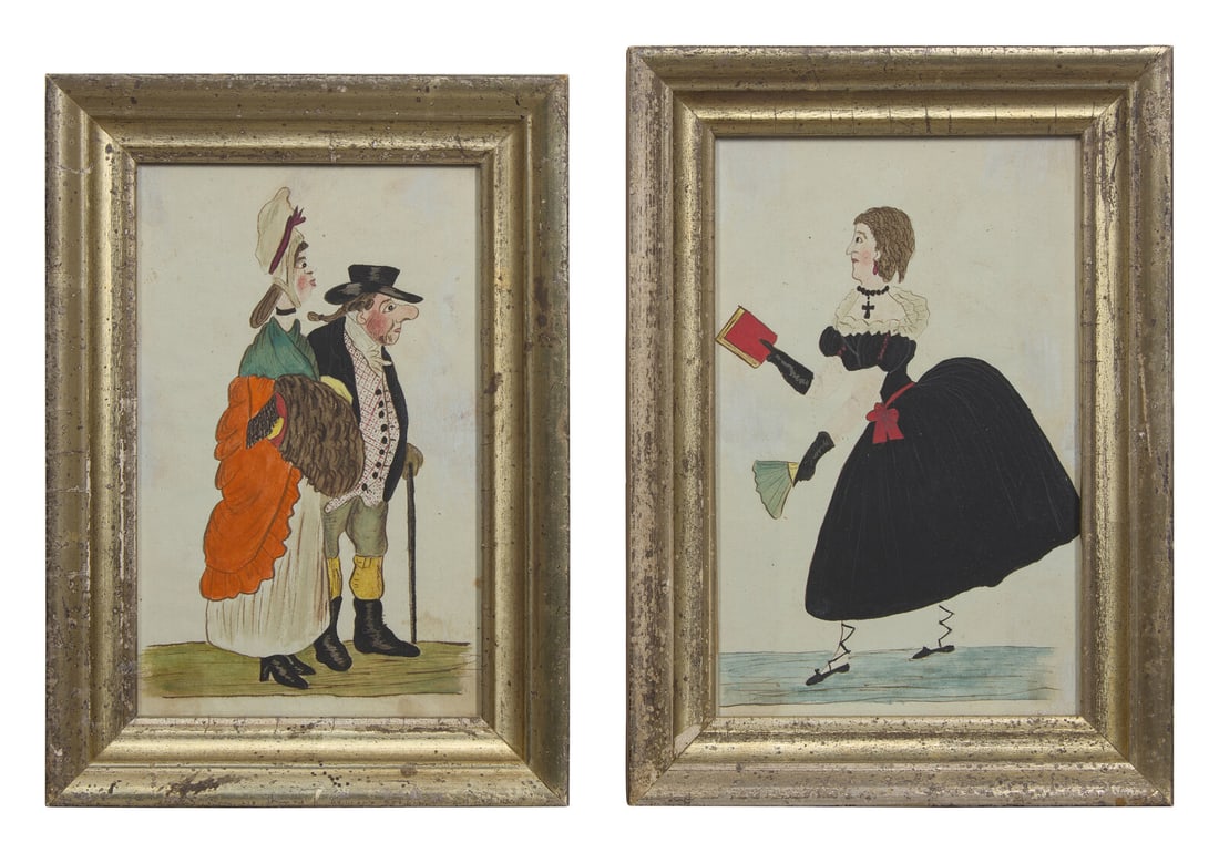 English School 19th Century, A Pair of Drawings: A Fine Couple and Stylish Coquette: English School 19th Century, A Pair of Drawings: A Fine Couple and Stylish Coquette Circa 1830 ink and watercolor on paper, framed. 7 x 4 1/2 inches (sight), 9 x 6 1/2 inches (frame). This lot is