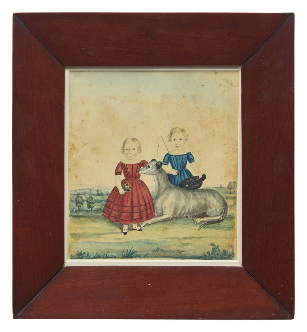 English School 19th Century, A Portrait of a Young Boy and Girl with Pet Dog: English School 19th Century, A Portrait of a Young Boy and Girl with Pet Dog Circa 1850 watercolor on paper, framed, the verso bearing label inscribed in ink, "English - 19C Watercolor Drawing on/