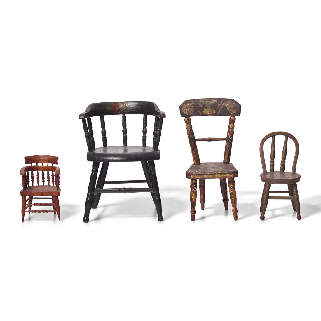 A Group of Four Miniature Painted and Stained Wood Chairs: A Group of Four Miniature Painted and Stained Wood Chairs 19th Century comprising two Windsor armchairs and a side chair, and side chair with decoupaged decoration, circa 1820. Height 10 1/8 x