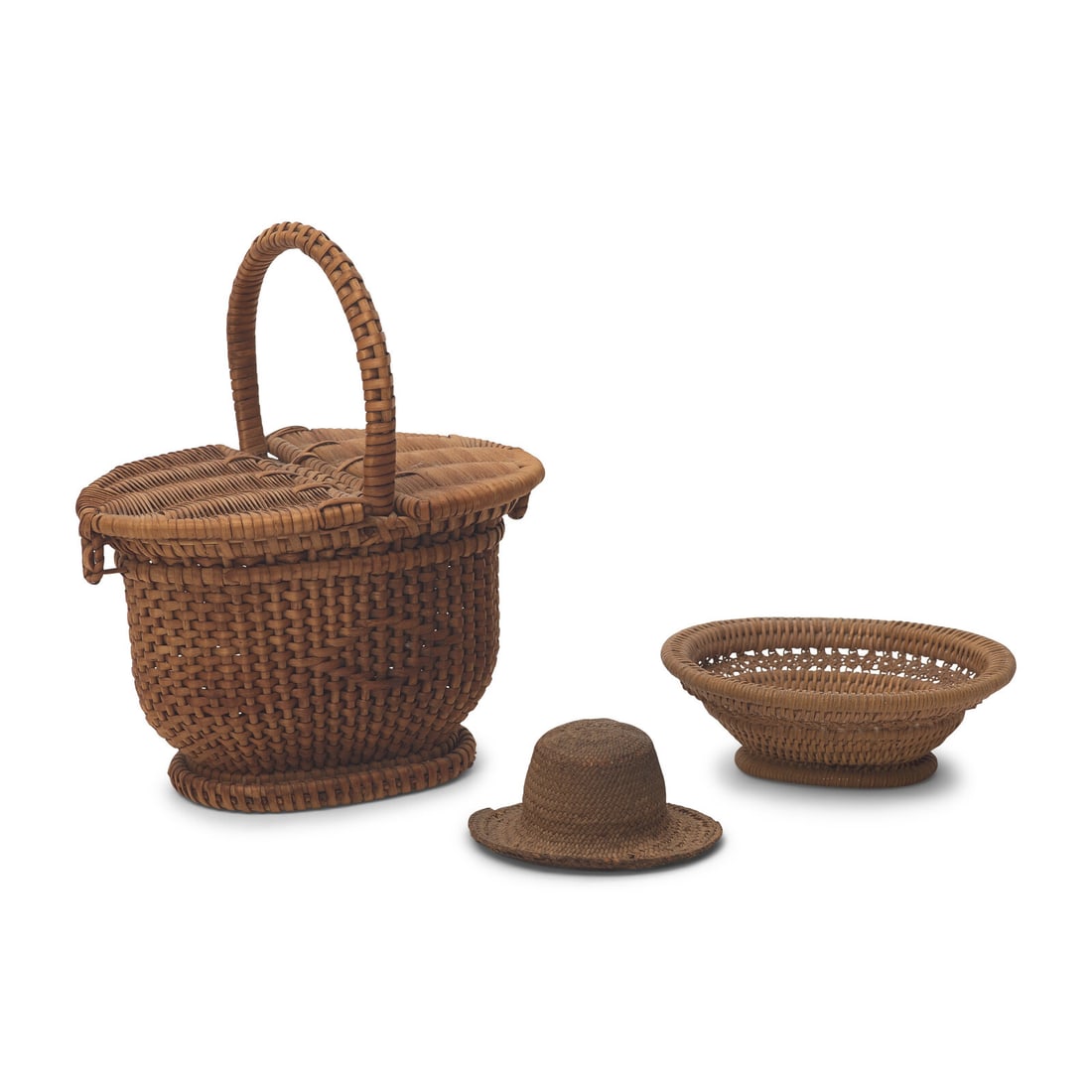 A Group of Three Shaker Miniature Woven Baskets and Hat: A Group of Three Shaker Miniature Woven Baskets and Hat Late 19th Century the largest basket with double-hinged lid. Height 5 1/2 x width 4 1/2 x depth 3 1/4 inches (largest basket). This lot is