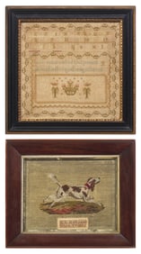 A Needlework Sampler and a Needlepoint Picture of a Hound