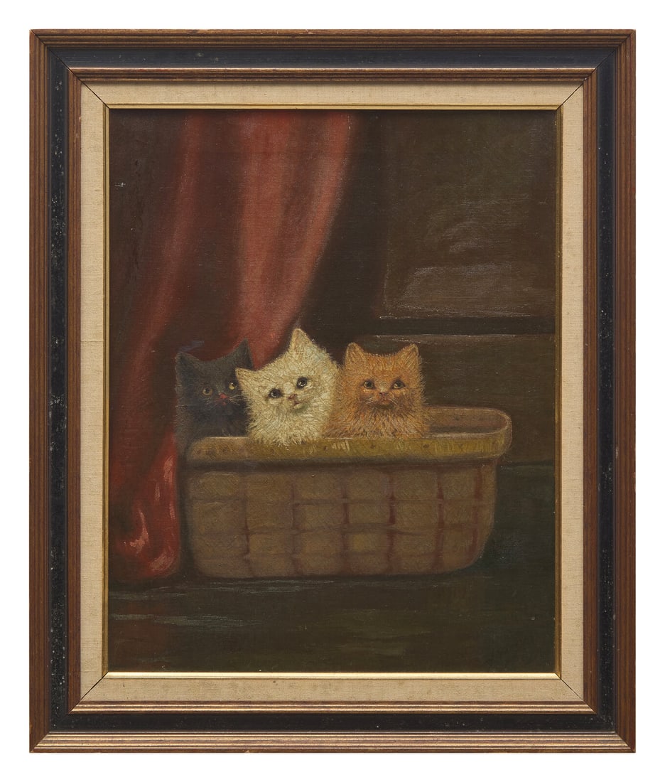 American School 19th Century, Basket with Three Kittens: American School 19th Century, Basket with Three Kittens indistinctly signed, l.r., oil on canvas, framed. 19 1/2 x 15 1/2 inches (sight), 24 3/4 x 20 3/4 inches (frame). This lot is located in