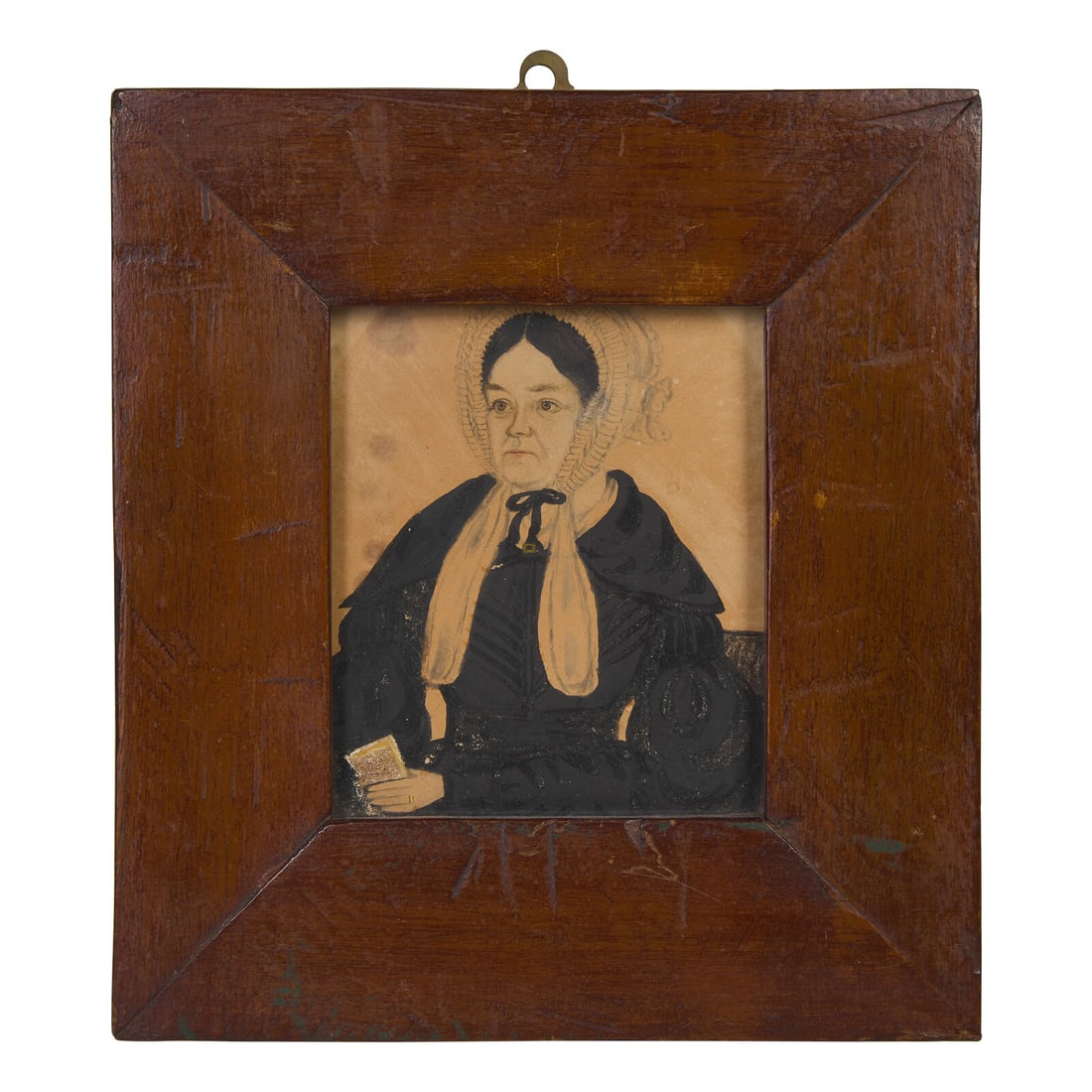 American School 19th Century, A Portrait Miniature of a Lady in a Bonnet: American School 19th Century, A Portrait Miniature of a Lady in a Bonnet pencil, ink, and watercolor on paper, framed. 4 x 3 3/8 inches (sight), 7 1/2 x 6 7/8 inches (frame). This lot is located in Ph