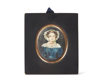 English School 19th Century, A Portrait Miniature of a Young Lady in Blue Dress