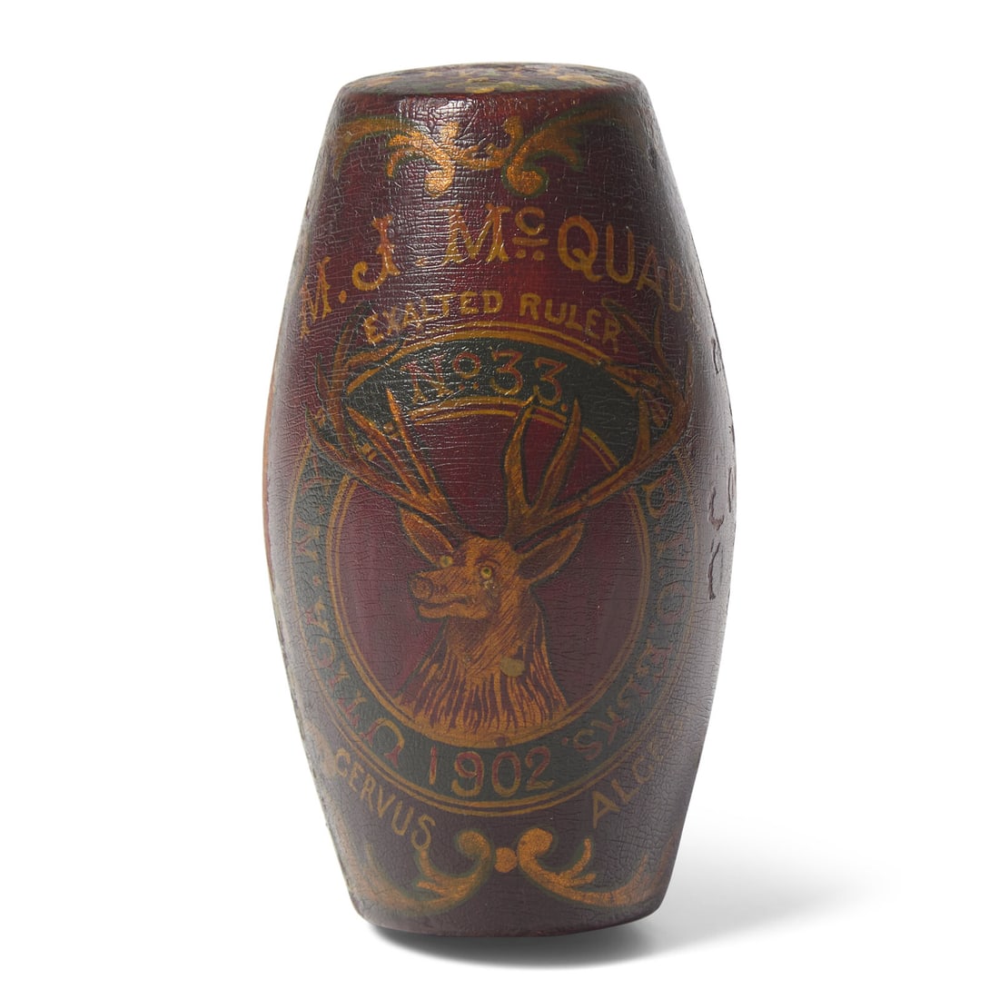 A Commemorative Benevolent and Protective Order of Elks Carved and Painted Wood Gavel for M.J.: A Commemorative Benevolent and Protective Order of Elks Carved and Painted Wood Gavel for M.J. McQuade of Utica, New York Dated, "1902" the front of gavel inscribed, "M.J. McQuade, Exalted Ruler/ Cerv