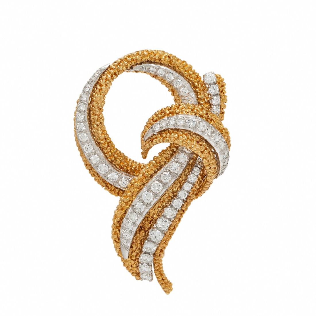 HAMMERMAN BROTHERS, DIAMOND, YELLOW GOLD, AND PLATINUM BROOCH: HAMMERMAN BROTHERS, DIAMOND, YELLOW GOLD, AND PLATINUM BROOCH Round diamonds weighing approximately 2.00 carats total. 18 karat yellow gold and platinum. 2 x 1 1/4 inches. Stamp: 18K HB PLAT. Gross we