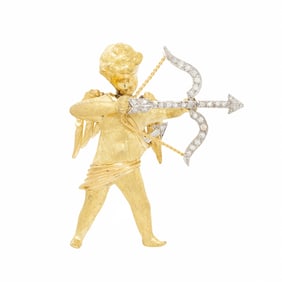 BICOLOR GOLD AND DIAMOND CUPID BROOCH