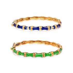 TIFFANY & CO., TWO ENAMEL AND YELLOW GOLD BAMBOO BANGLE BRACELETS