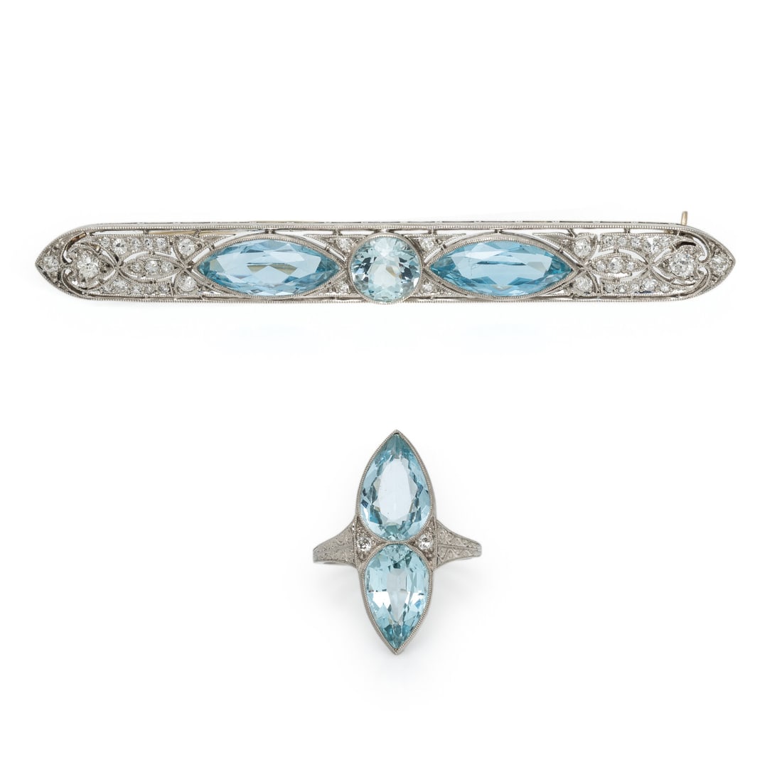 WHITE GOLD, AQUAMARINE, AND DIAMOND RING AND BAR PIN (1 of 2)