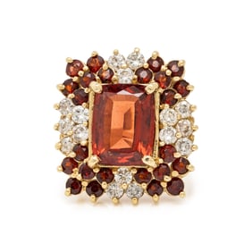 GARNET, DIAMOND, AND YELLOW GOLD RING