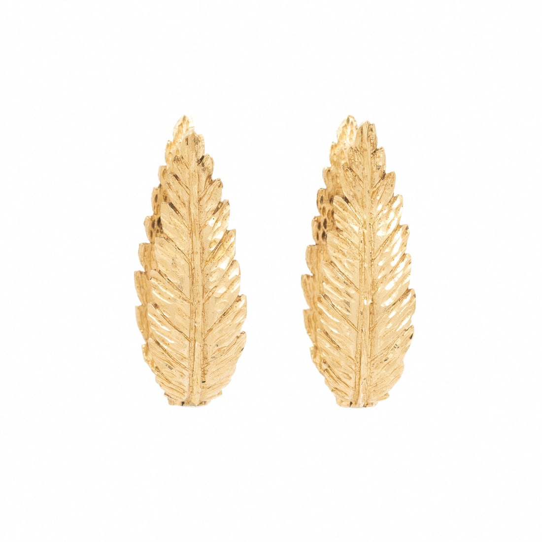 YELLOW GOLD FEATHER EARRINGS: YELLOW GOLD FEATHER EARRINGS 14 karat yellow gold. 1 1/4 inches long. Stamp: 14K. Gross weight: 4.60 dwt. Property of a Private Collector This lot is located in Chicago.
