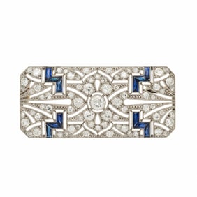 ART DECO, DIAMOND, SYNTHETIC SAPPHIRE, AND PLATINUM BROOCH