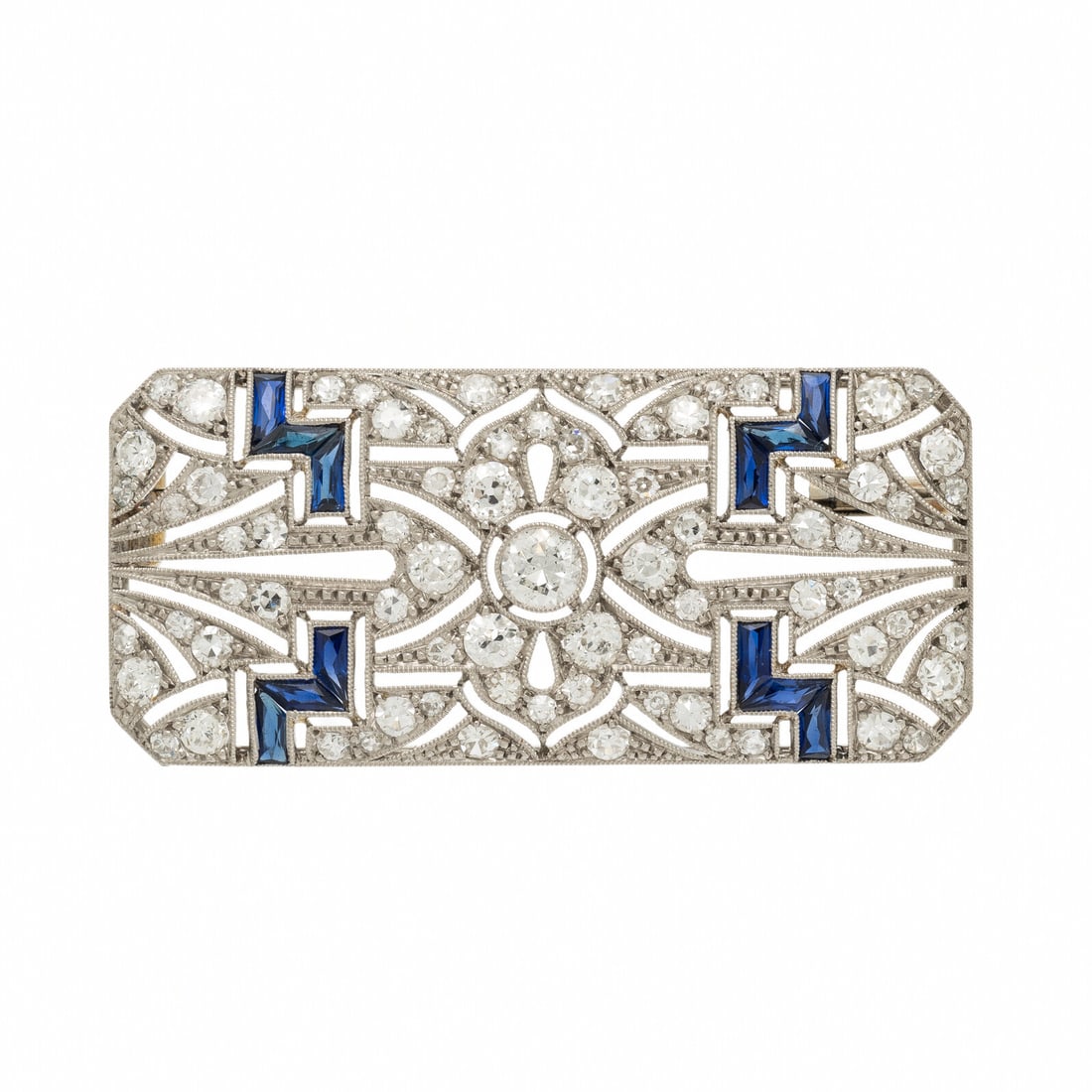 ART DECO, DIAMOND, SYNTHETIC SAPPHIRE, AND PLATINUM BROOCH: ART DECO, DIAMOND, SYNTHETIC SAPPHIRE, AND PLATINUM BROOCH Transitional, old European, and single cut diamonds weighing approximately 2.05 carats total, and calibré French cut synthetic sapphires