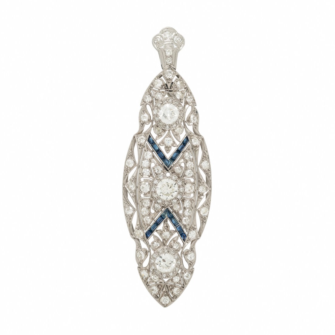 ART DECO, DIAMOND AND SAPPHIRE BROOCH PENDANT: ART DECO, DIAMOND AND SAPPHIRE BROOCH PENDANT Three center old European cut diamonds weighing approximately 1.55 carats total, old European and single cut diamonds weighing approximately 1.30 carats t