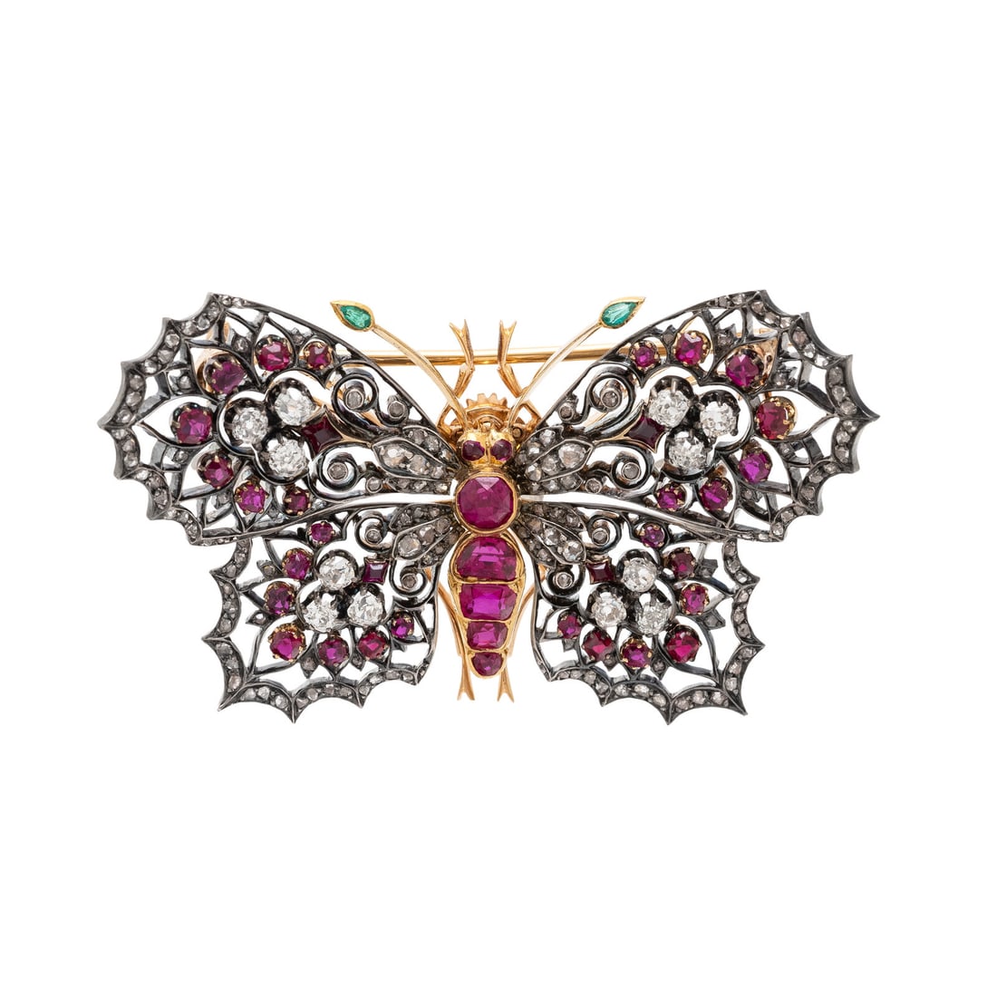 VICTORIAN, FRENCH, DIAMOND, RUBY, AND EMERALD BUTTERFLY BROOCH: VICTORIAN, FRENCH, DIAMOND, RUBY, AND EMERALD BUTTERFLY BROOCH Round and half moon cut rubies, round cabochon rubies, pear shape emeralds, old mine cut diamonds weighing approximately 0.65 carat total