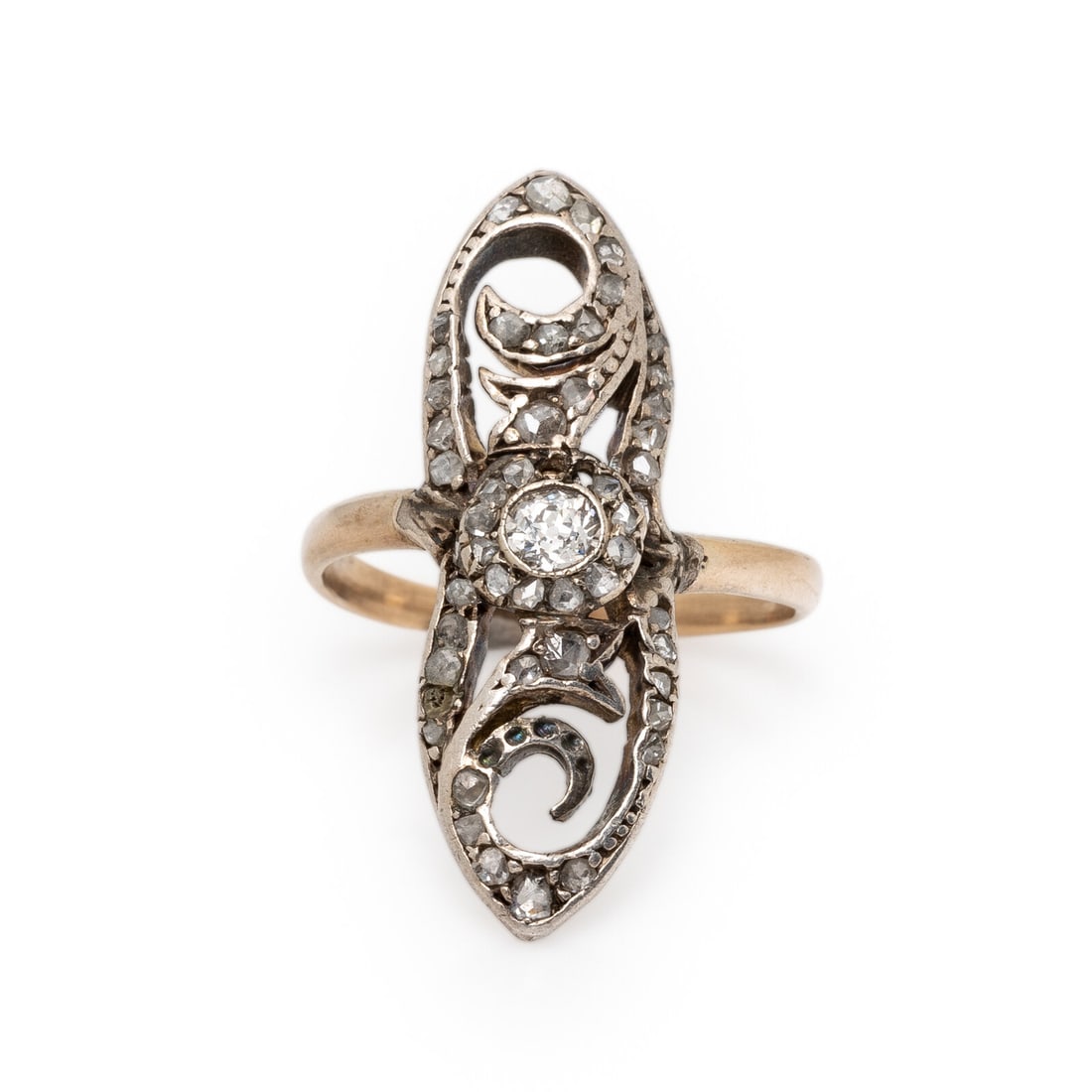 ANTIQUE, RUSSIAN, DIAMOND AND SILVER-TOPPED GOLD NAVETTE RING: ANTIQUE, RUSSIAN, DIAMOND AND SILVER-TOPPED GOLD NAVETTE RING Old European cut diamond and rose cut diamonds. Silver-topped 14 karat yellow gold. Ring size 6 1/2. Stamp: 56 (Russian assay mark) ??.
