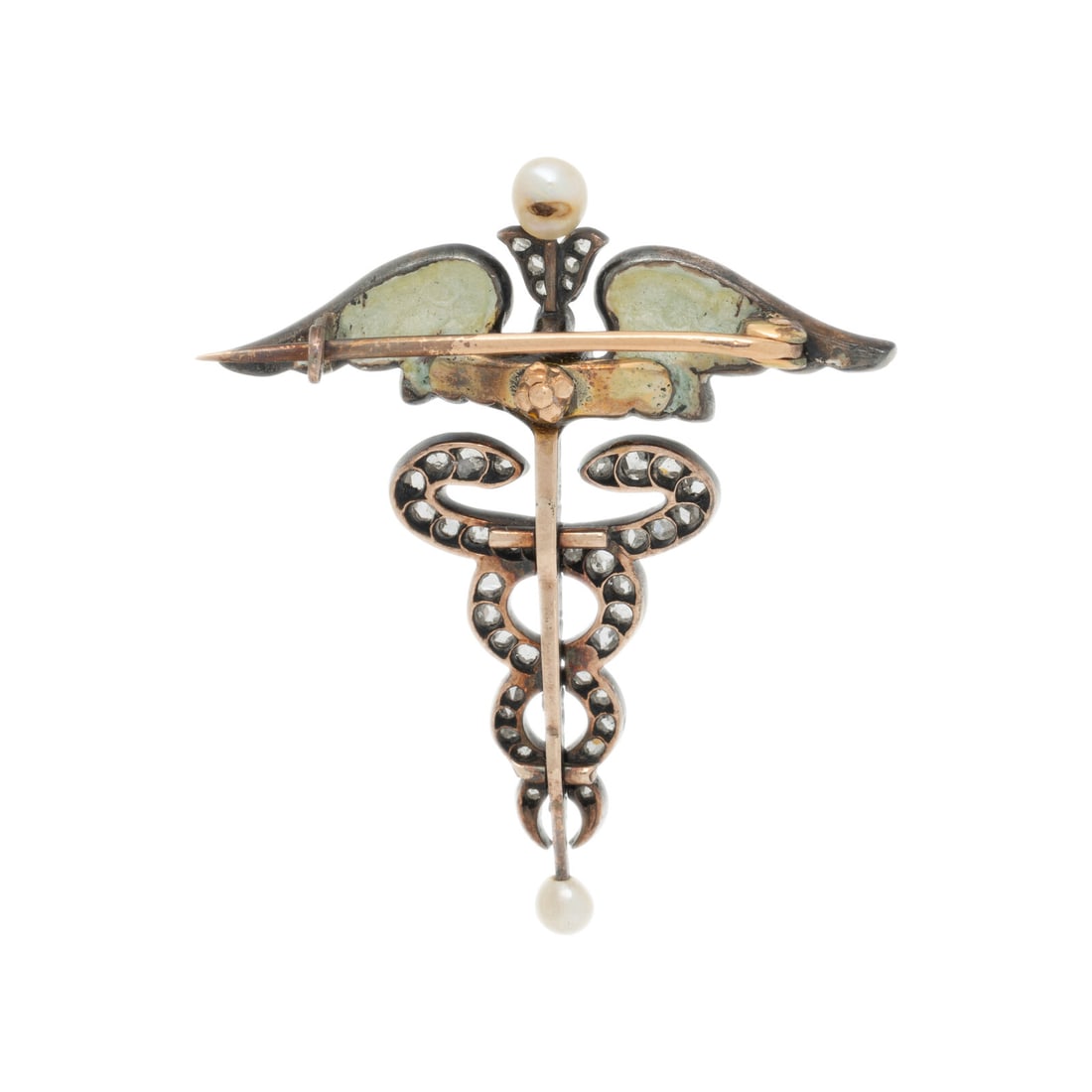 ART NOUVEAU, DIAMOND, SEED PEARL, DEMANTOID GARNET, AND ENAMEL CADUCEUS BROOCH - 2