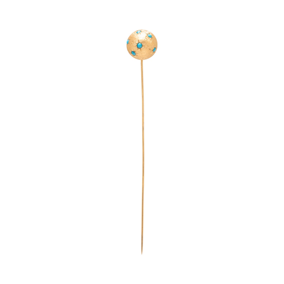 YELLOW GOLD AND TURQUOISE HAT PIN: YELLOW GOLD AND TURQUOISE HAT PIN Round cabochon turquoise. 14 karat yellow gold. 5 5/8 inches long. Pin head: 5/8 x 5/8 inch. Stamp: 14K PJ. Gross weight: 9.85 dwt. Property of a Private Collector