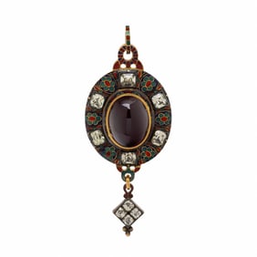 VICTORIAN, HOLBEINESQUE, GARNET, CHRYSOBERYL, ENAMEL, AND YELLOW GOLD PENDANT