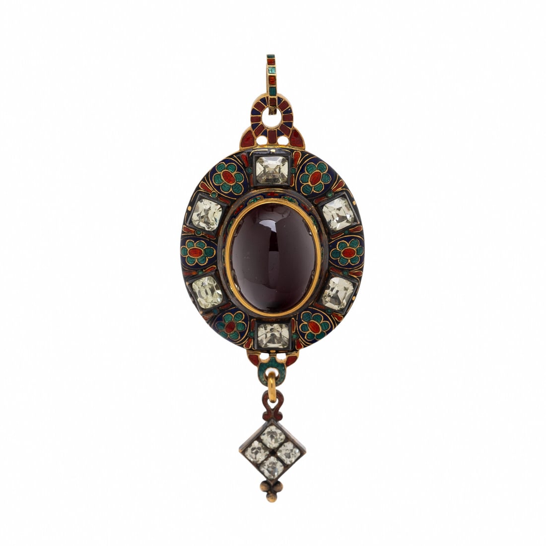 VICTORIAN, HOLBEINESQUE, GARNET, CHRYSOBERYL, ENAMEL, AND YELLOW GOLD PENDANT: VICTORIAN, HOLBEINESQUE, GARNET, CHRYSOBERYL, ENAMEL, AND YELLOW GOLD PENDANT Oval cabochon garnet measuring approximately 14.35 x 11.00 mm, modified emerald cut chrysoberyl, polychrome