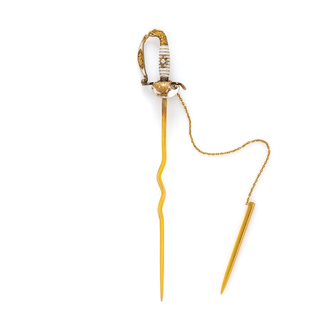 YELLOW GOLD AND ENAMEL SWORD PIN: YELLOW GOLD AND ENAMEL SWORD PIN Old European cut diamond and white enamel. Yellow gold. 6 1/8 x 1 inches. Gross weight: 7.75 dwt. This lot is located in Chicago.
