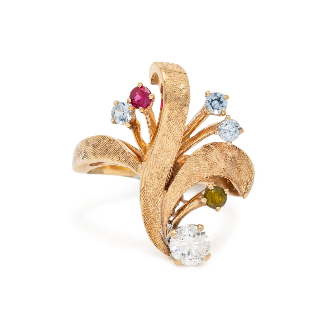 YELLOW GOLD AND MULTIGEM RING: YELLOW GOLD AND MULTIGEM RING Round diamond weighing approximately 0.30 carat and round red, blue, and green stones. 14 karat yellow gold. Ring size 6 3/4. Stamp: 14K 3 PORTRAIT. Gross weight: 3.95