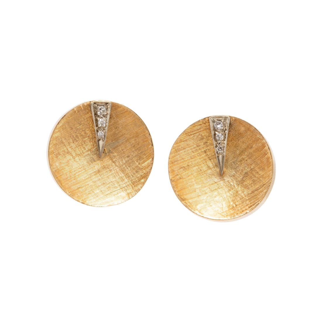 YELLOW GOLD AND DIAMOND EARRINGS: YELLOW GOLD AND DIAMOND EARRINGS Single cut diamonds. 14 karat yellow gold. 3/4 inch long. Stamp: K14. Gross weight: 7.70 dwt. Property of a Private Collector This lot is located in Chicago.