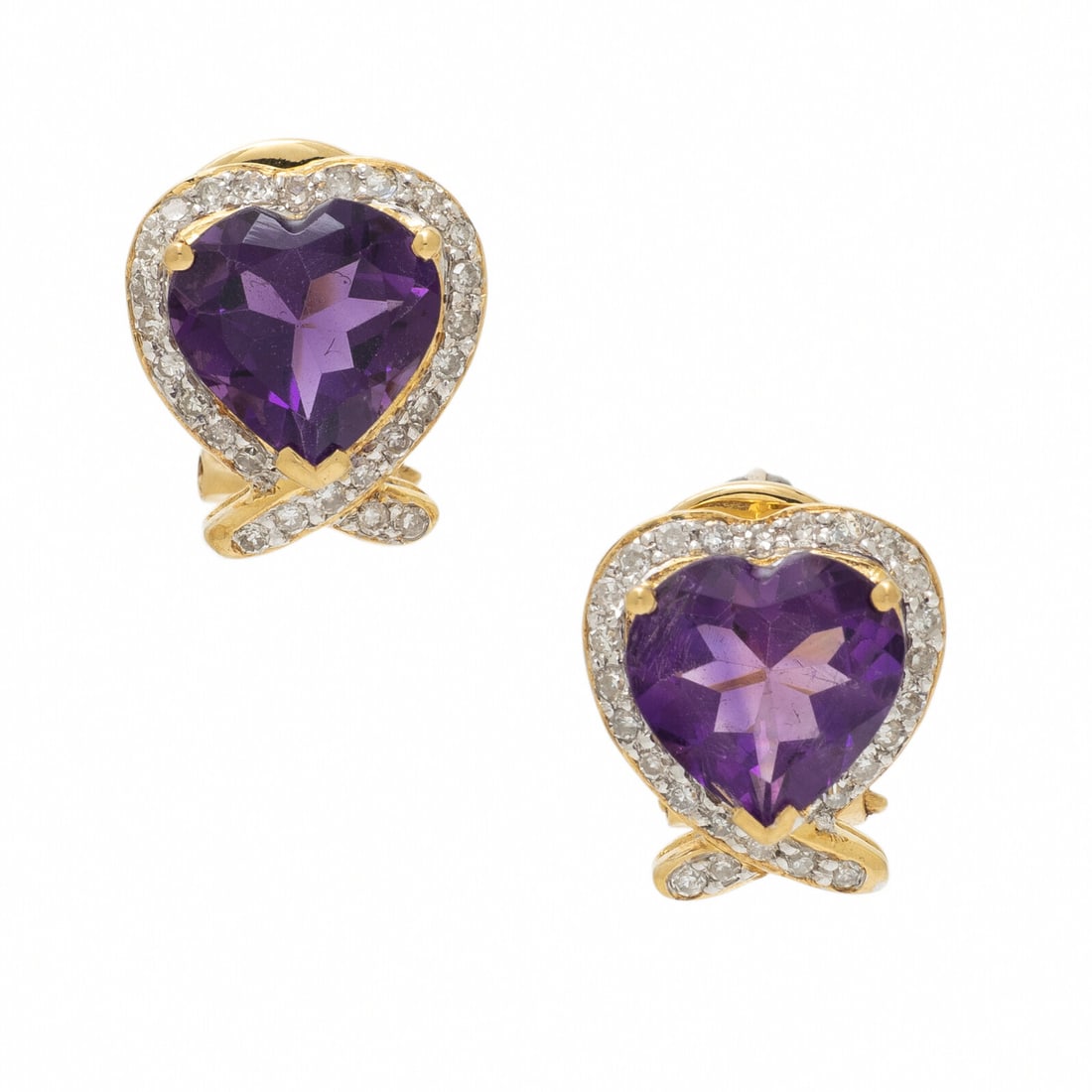 AMETHYST AND DIAMOND EARRINGS: AMETHYST AND DIAMOND EARRINGS Heart shape amethysts and single cut diamonds. 18 karat yellow and white gold. 1/2 inch long. Stamp: 750 K18 (maker's mark) Gross weight: 3.75 dwt. Property of a Private