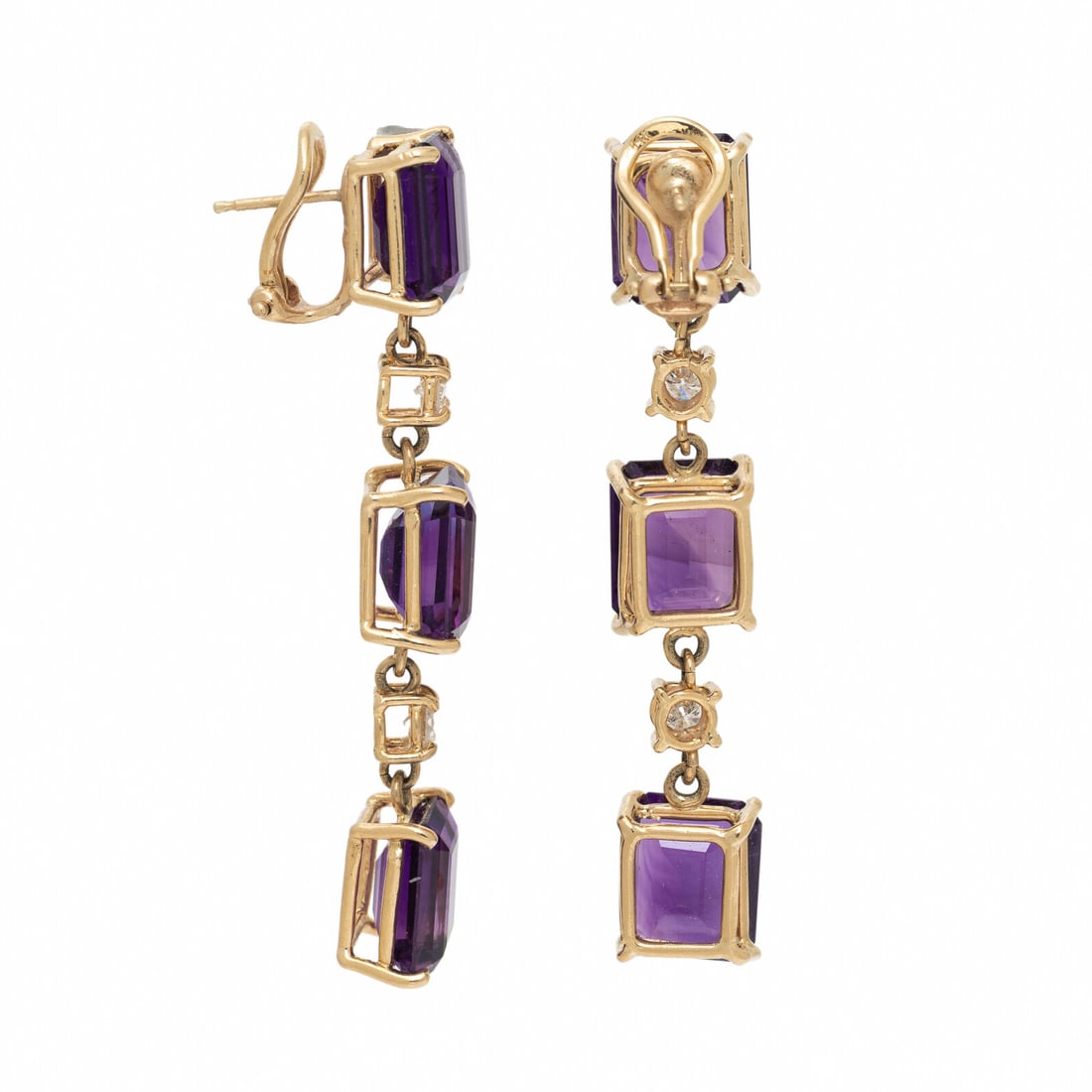 AMETHYST, DIAMOND, AND YELLOW GOLD EARRINGS: AMETHYST, DIAMOND, AND YELLOW GOLD EARRINGS Emerald cut amethysts and round diamonds weighing approximately 0.75 carat total. 14 karat yellow gold. 2 3/8 inches long. Stamp: 14K. Gross weight: 11.95