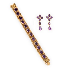 AMETHYST AND YELLOW GOLD BRACELET AND EARRINGS