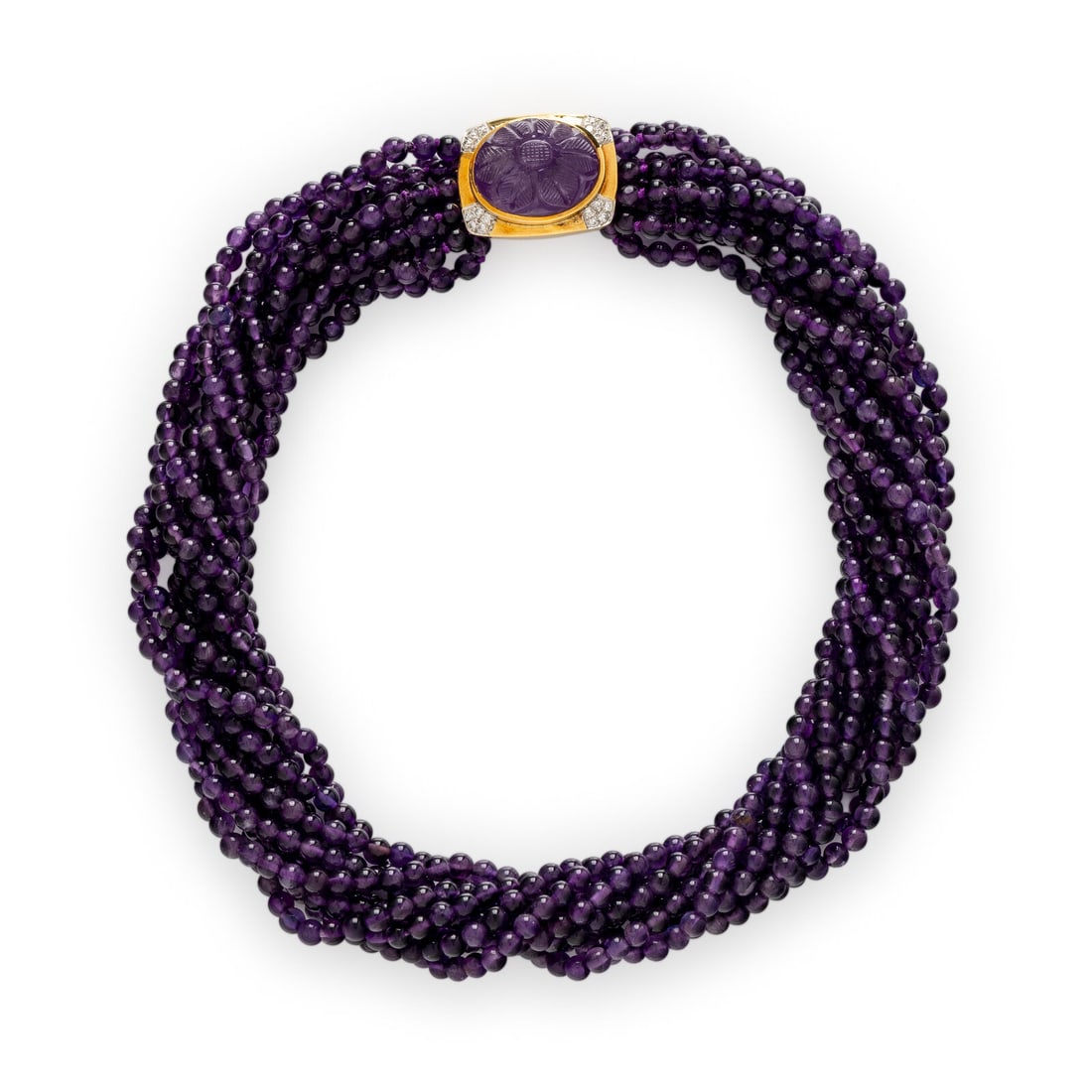 AMETHYST, DIAMOND, AND YELLOW GOLD TORSADE NECKLACE: AMETHYST, DIAMOND, AND YELLOW GOLD TORSADE NECKLACE Ten strands of amethyst beads measuring approximately 4.00 - 4.50 mm, with a yellow gold clasp set with a carved oval cabochon amethyst measuring