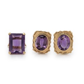 AMETHYST AND YELLOW GOLD EARRINGS AND RING