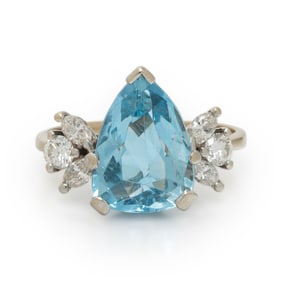 AQUAMARINE, DIAMOND, AND WHITE GOLD RING