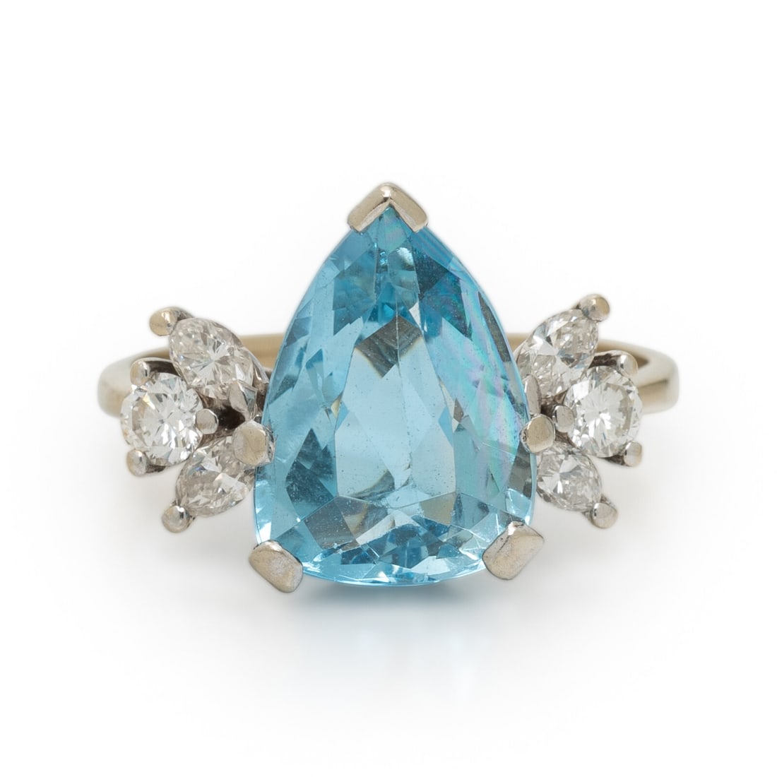AQUAMARINE, DIAMOND, AND WHITE GOLD RING: AQUAMARINE, DIAMOND, AND WHITE GOLD RING Pear shape aquamarine weighing approximately 2.75 carats by formula, and round and marquise cut diamonds weighing approximately 0.30 carat total. White gold.