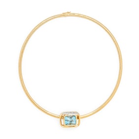 AQUAMARINE AND DIAMOND PENDANT AND YELLOW GOLD OMEGA CHAIN