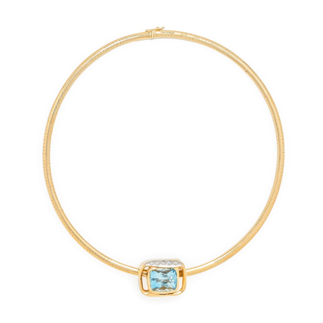 AQUAMARINE AND DIAMOND PENDANT AND YELLOW GOLD OMEGA CHAIN: AQUAMARINE AND DIAMOND PENDANT AND YELLOW GOLD OMEGA CHAIN Cushion cut aquamarine weighing approximately 10.00 carats by formula and round diamonds. 14 karat yellow gold and yellow gold. Pendant: 7/8