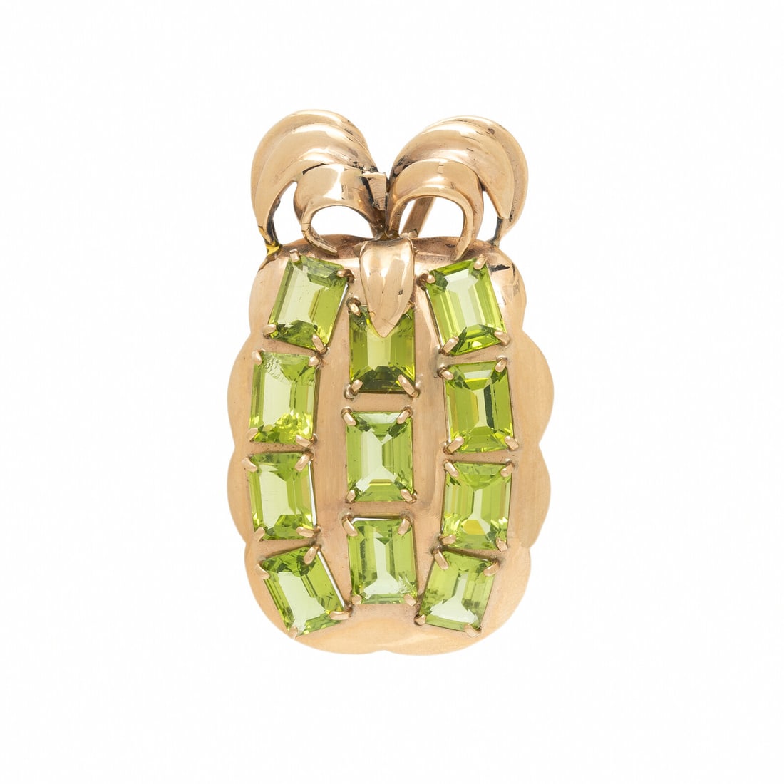 PERIDOT AND ROSE GOLD PENDANT: PERIDOT AND ROSE GOLD PENDANT Emerald cut peridot. Rose gold. 1 5/8 x 1 inches. Gross weight: 7.75 dwt. Property of a Private Collector This lot is located in Chicago.