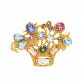 YELLOW GOLD AND MULTIGEM BROOCH