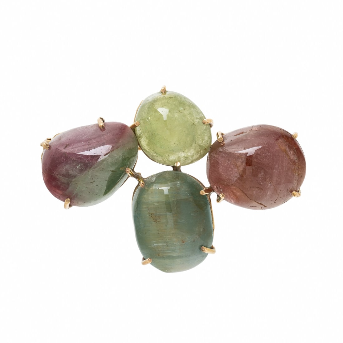 YELLOW GOLD AND TOURMALINE BROOCH: YELLOW GOLD AND TOURMALINE BROOCH Tumbled green, pink, and watermelon tourmaline. Yellow gold. 2 1/2 x 1 5/8 inches. Gross weight: 27.55 dwt. Property of a Private Collector This lot is located in
