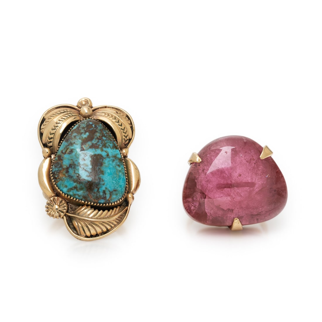 TWO YELLOW GOLD RINGS WITH PINK TOURMALINE AND TURQUOISE: TWO YELLOW GOLD RINGS WITH PINK TOURMALINE AND TURQUOISE One ring set with tumbled pink tourmaline and one set with turquoise. 14 karat yellow gold. Ring sizes 6 1/4 and 6 1/2. Stamp: 14K. Stamp: 14K