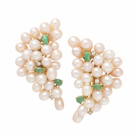 CULTURED PEARL, HARDSTONE, AND DIAMOND EARRINGS