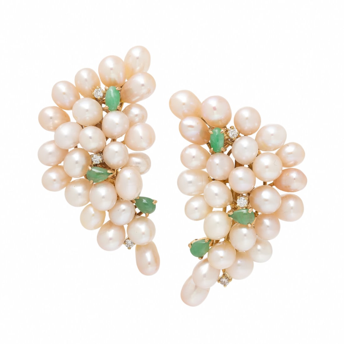 CULTURED PEARL, HARDSTONE, AND DIAMOND EARRINGS: CULTURED PEARL, HARDSTONE, AND DIAMOND EARRINGS Cultured pearls measuring approximately 4.90 - 5.75 mm, oval and pear cabochon green hardstone, and round diamonds. 14 karat yellow gold. 1 5/8 inches